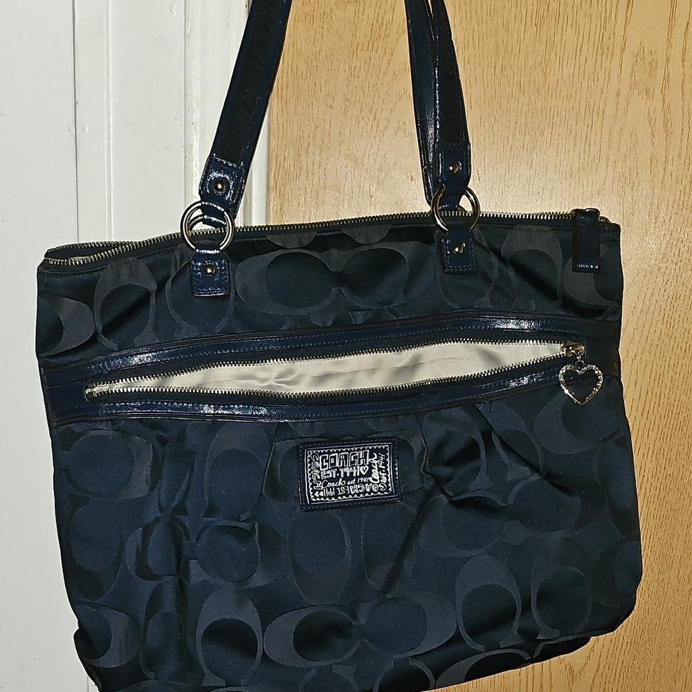 Coach Navey Blue Signature Shoulder Tote with Heart Zipper Charm